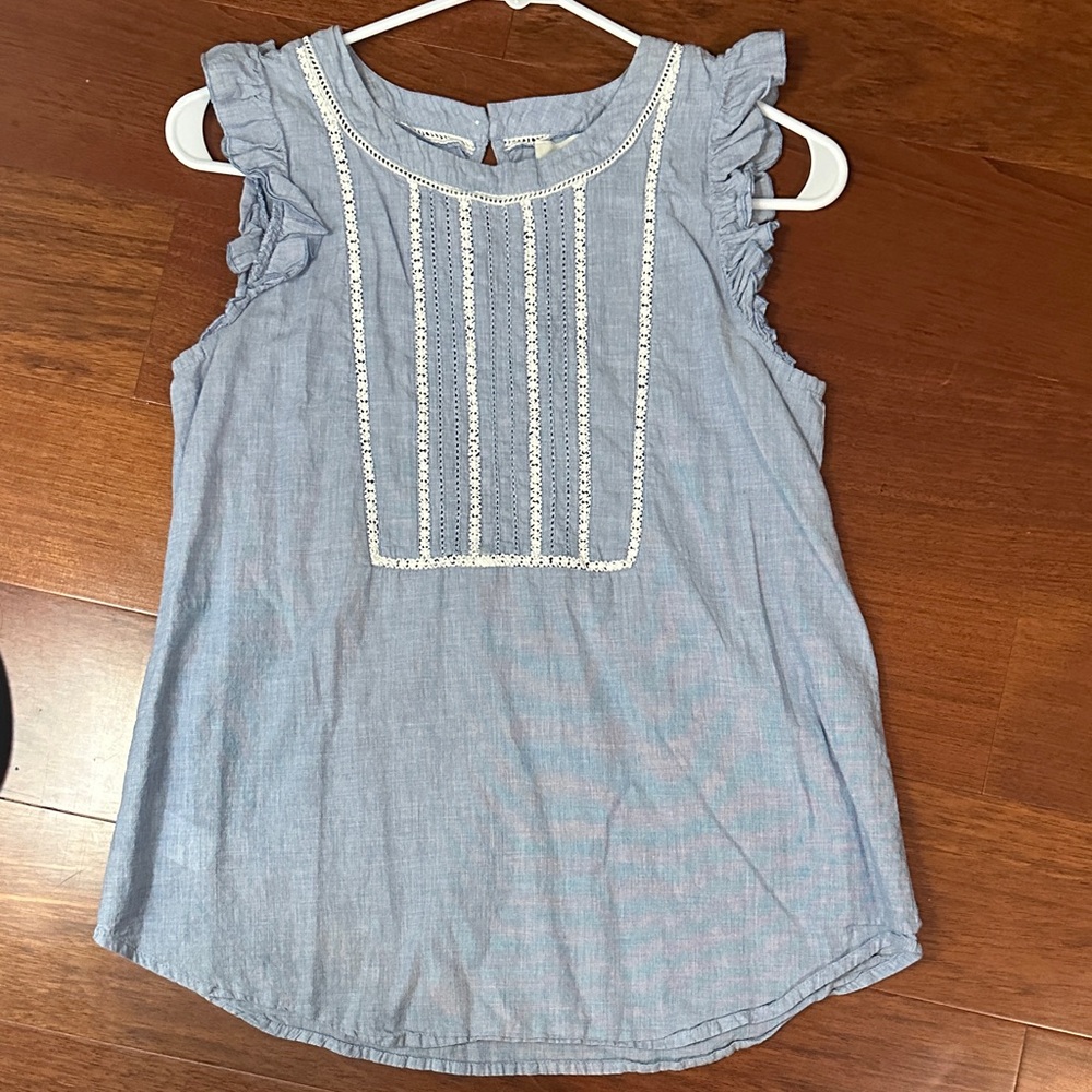 Ann Taylor LOFT- Classic Blue Sleeveless Top with Ruffle Details, Size Small